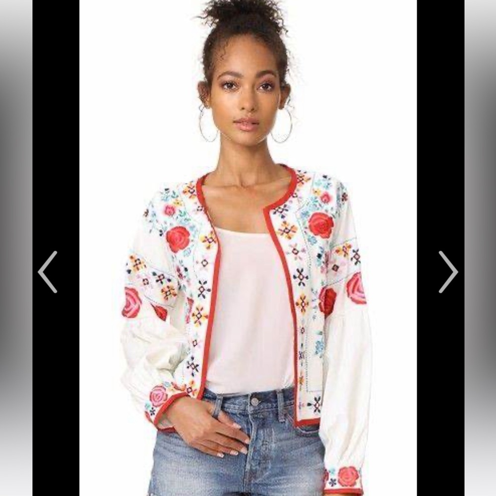 Misa Los Angeles Embroidered Floral Jacket - Cream and Red